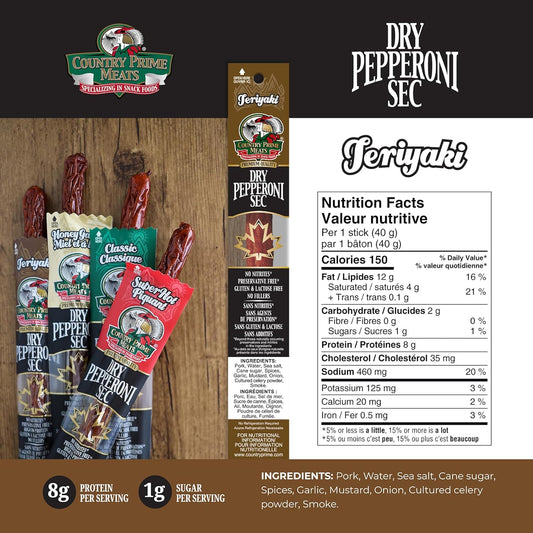 Country Prime Meats 照烧干腌意大利辣香肠条。100% 加拿大制造。高蛋白零食。不含亚硝酸盐,不含人工香料,天然烟熏,不含麸质。40克(25包)
