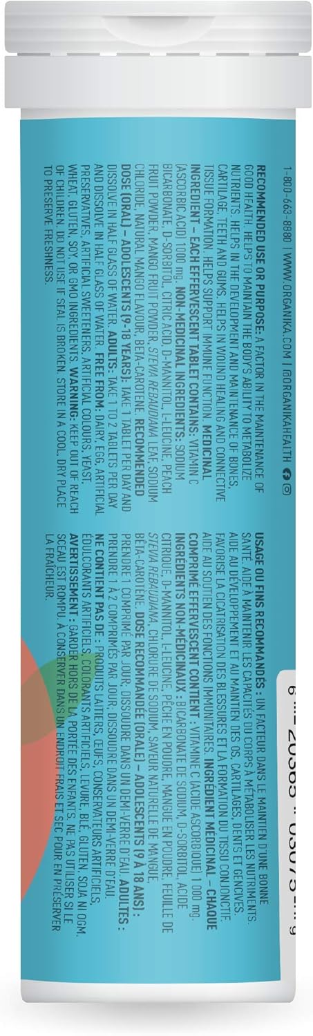 Organika Instant-C 泡騰片 - 桃芒果味,1000 毫克維生素 C,免疫支持片,1 管 x 10 片