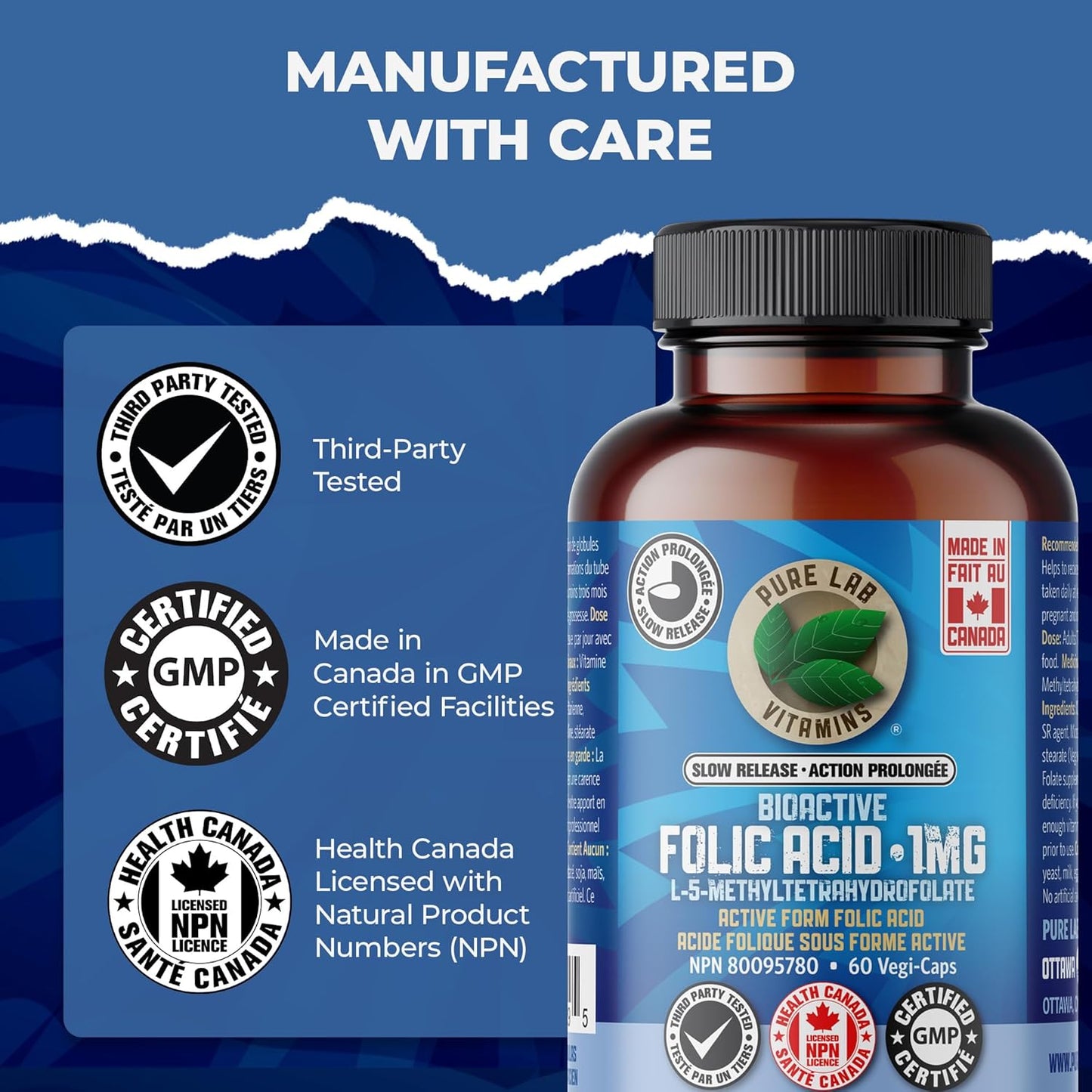 Pure Lab 维生素 | 缓释生物活性叶酸 1 毫克 | 60 粒胶囊 | 女性维生素 B9 叶酸补充剂 | 孕期叶酸 | L-5-MTHF 补充剂 | 免疫系统支持和心血管