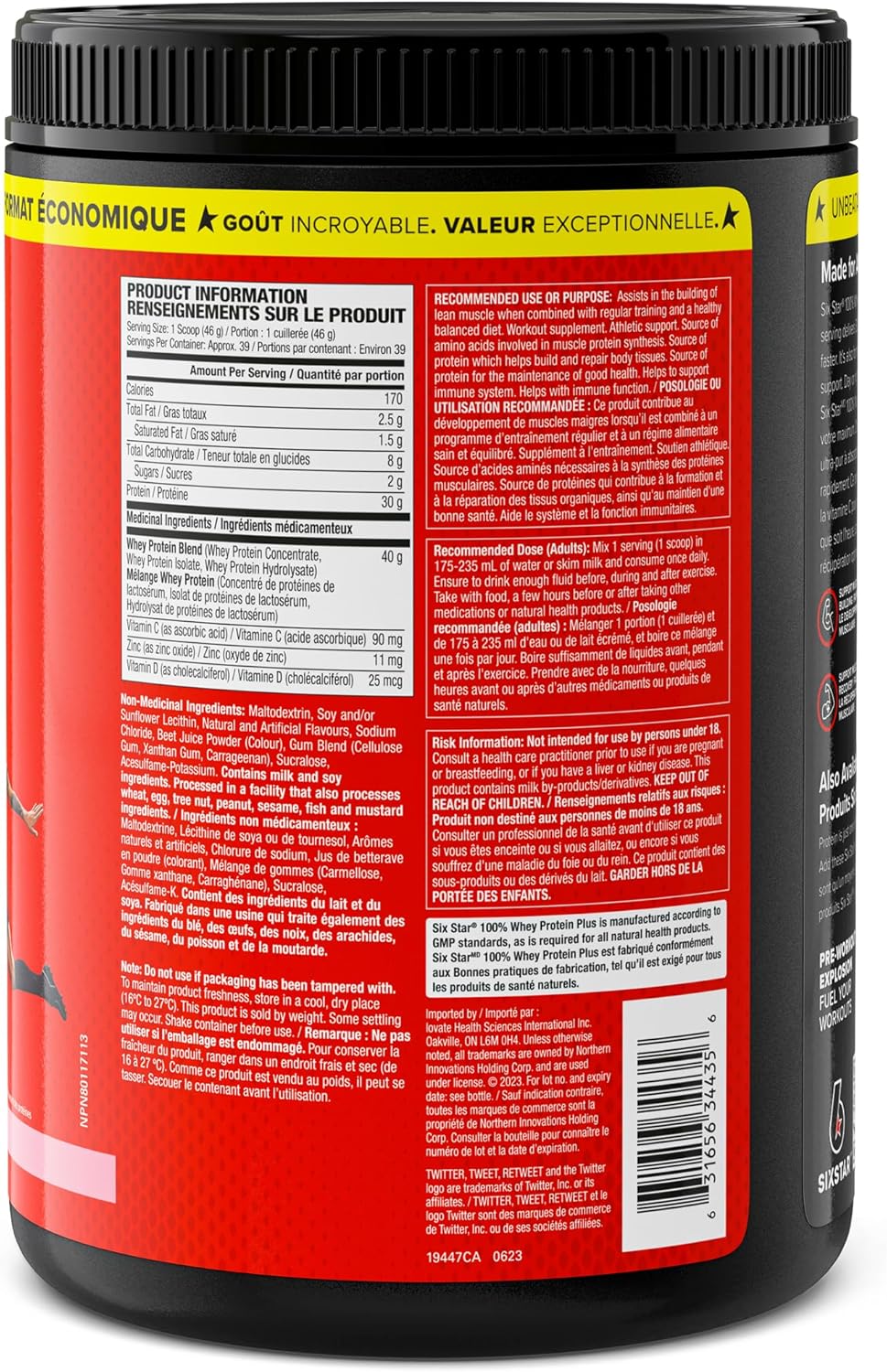 Six Star 乳清蛋白粉 Plus - 终极增肌配方,含乳清分离蛋白和肽 - 30 克蛋白质和 6.6 克 BCAA - 草莓冰沙口味,39 份(1 包)