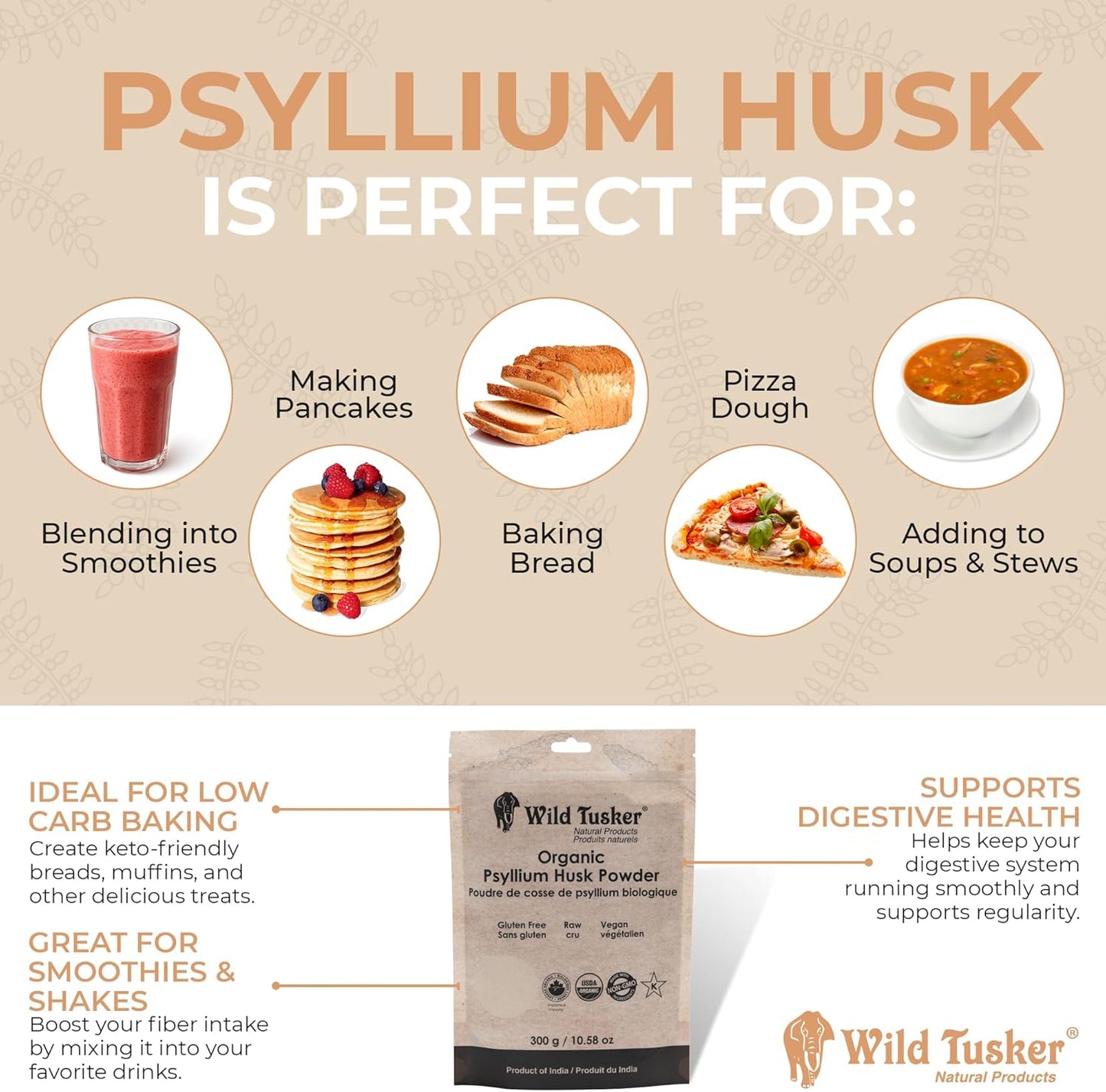 Wild Tusker Organic Psyllium Husk Powder - 100% Organic, Keto-Friendly, and Gluten-Free, 300g