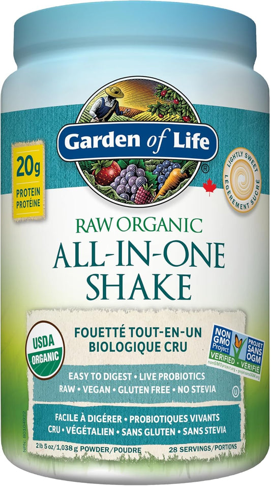 Garden Of Life Raw All-in-One Nutritional Shake, Lightly Sweet, (28 servings- 1038g.) Packed with 20 grams of Certified Organic Plant Protein packed with incredible nutrition to help build lean muscle. Assists in the bui…