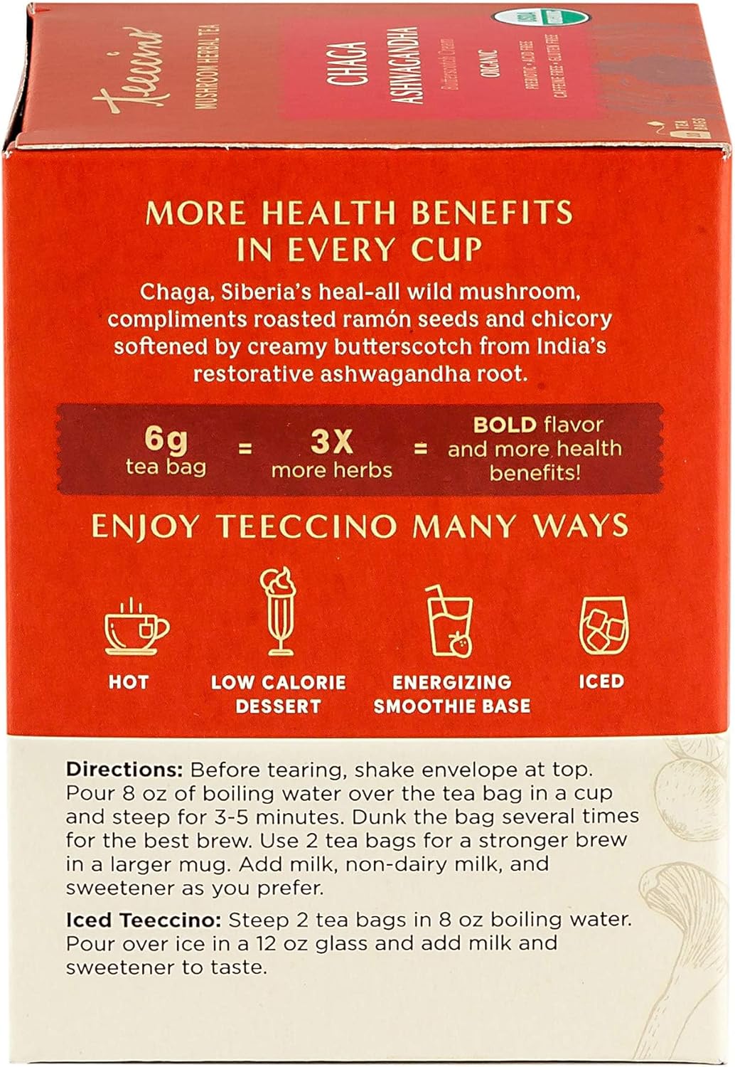 Teeccino 蘑菇适应原茶 - 白桦茸南非醉茄法式烘焙草本茶,采用野生白桦茸和阿育吠陀南非醉茄根,增强免疫力,10 个茶包