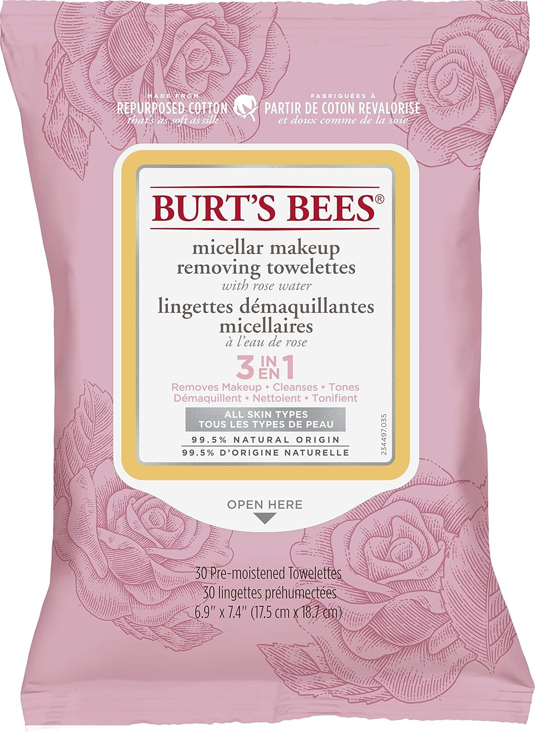 Burt's Bees Micellar Cleansing Towelettes With Rose Water 30 count