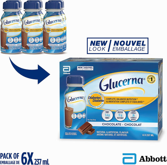 Glucerna Nutritional Drink, Meal Replacement Shakes, Complete, Balanced Nutrition For People With Diabetes, Chocolate, 6 x 237-mL Bottles