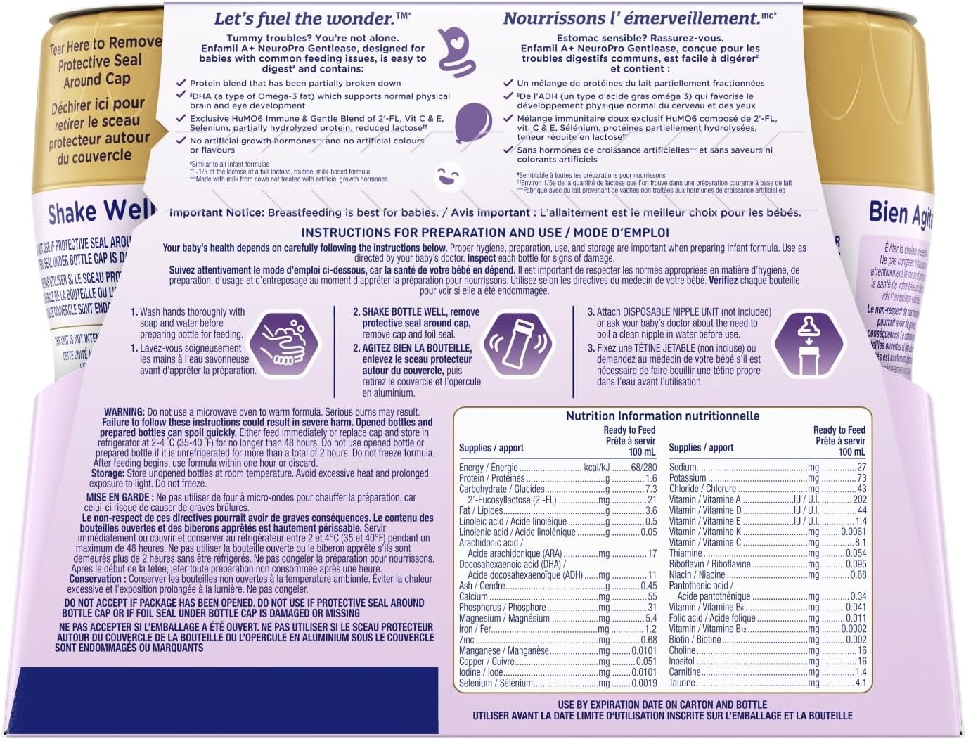 Enfamil A+ NeuroPro Gentlease, Baby Formula, Ready to Feed, Nipple-Ready Bottles, with Brain Building DHA, 0-12 Months, 6 x 237mL