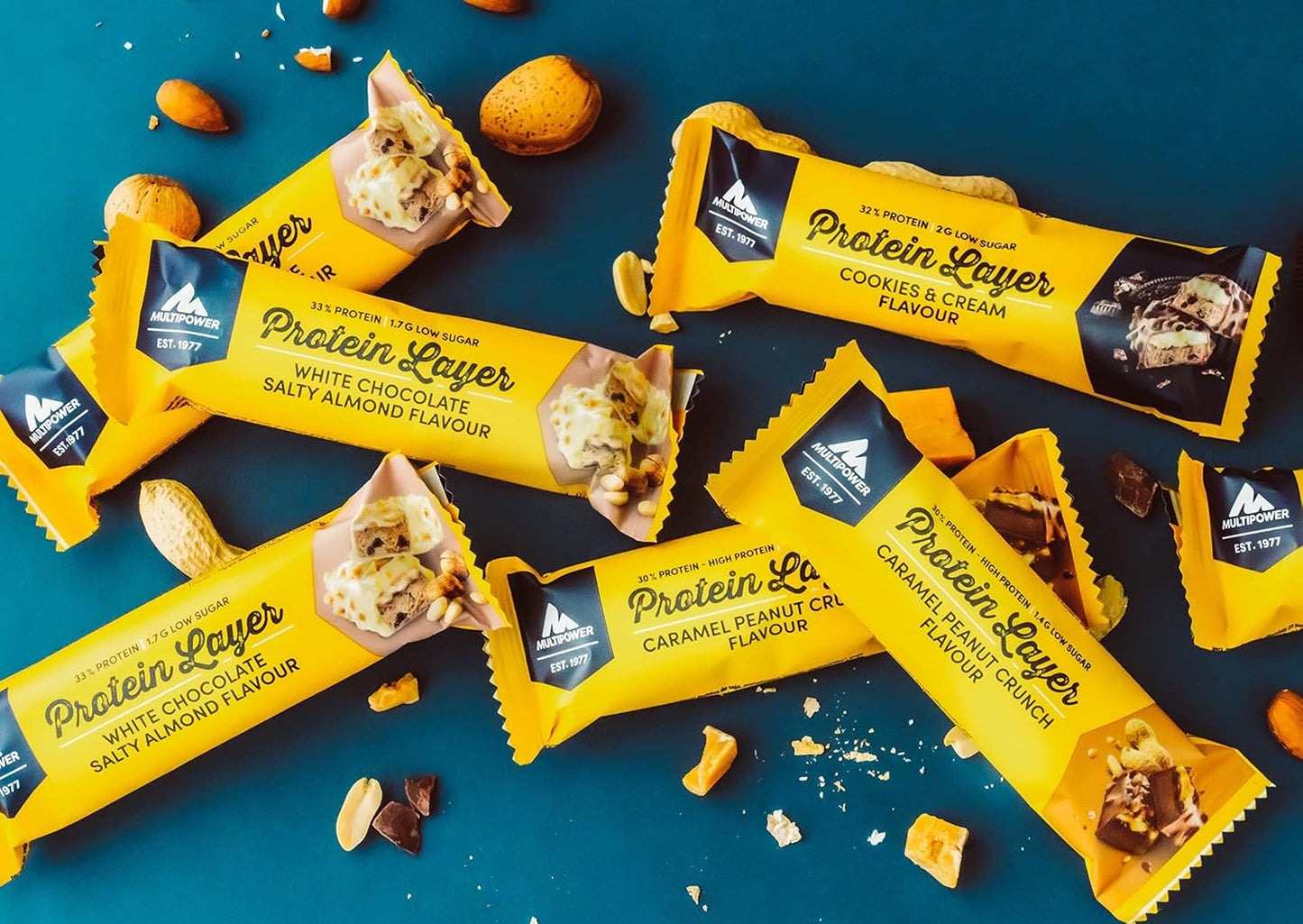 Multipower 蛋白層棒 - 白巧克力鹹杏仁口味 - 高蛋白多層零食 - 50 克(18 包)