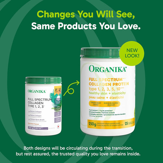 Organika 加拿大製造全譜膠原蛋白 - 1、2、3、5、10 型 - 完全膠原蛋白,天然含有透明質酸和彈性蛋白,有益於頭髮、皮膚和關節健康,溫和雞湯味 250 克