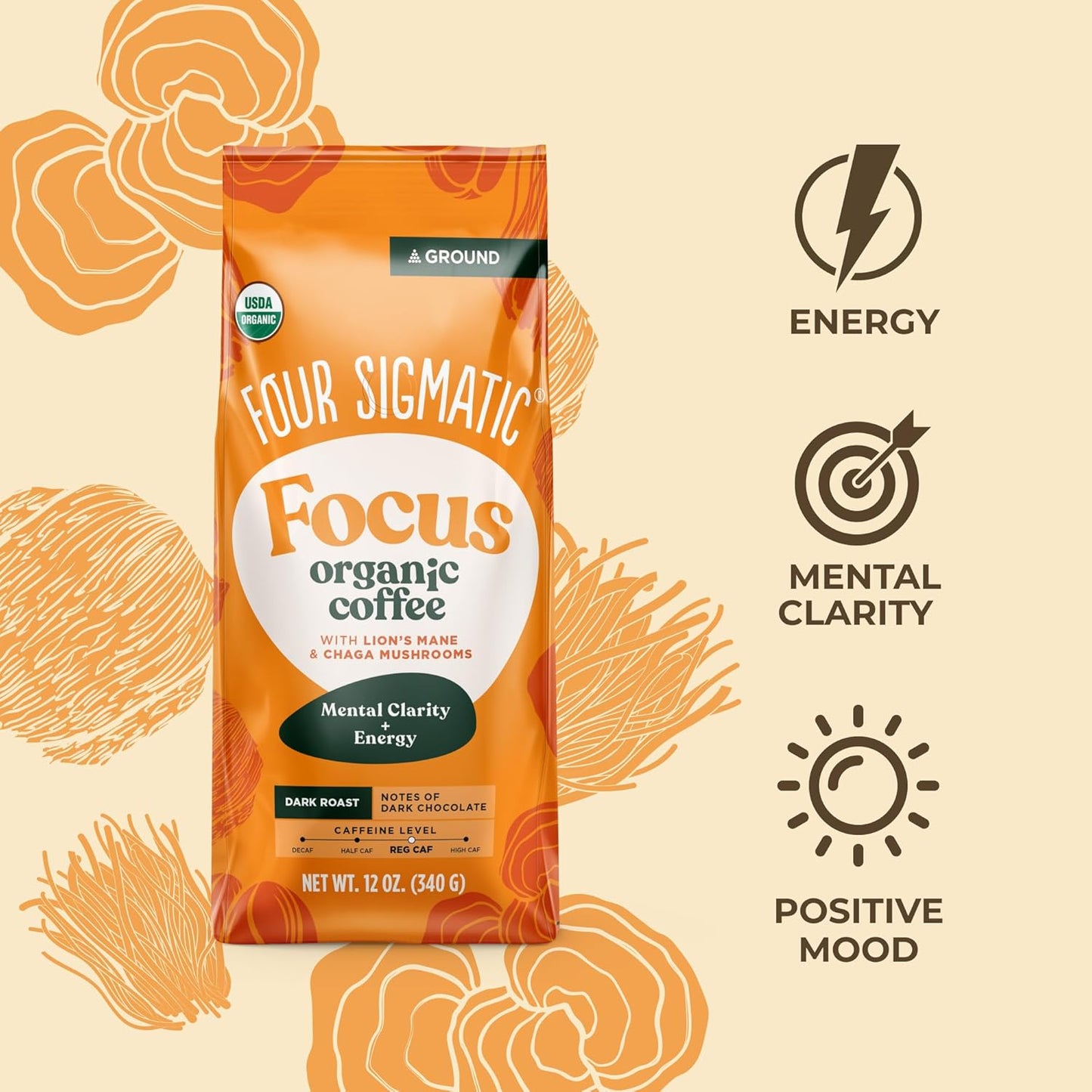 Four Sigmatic Think 蘑菇研磨咖啡 | 有机研磨咖啡,含猴头菇和白桦茸 | 益智蘑菇咖啡,有助于提高注意力和增强免疫力 | 340克/袋