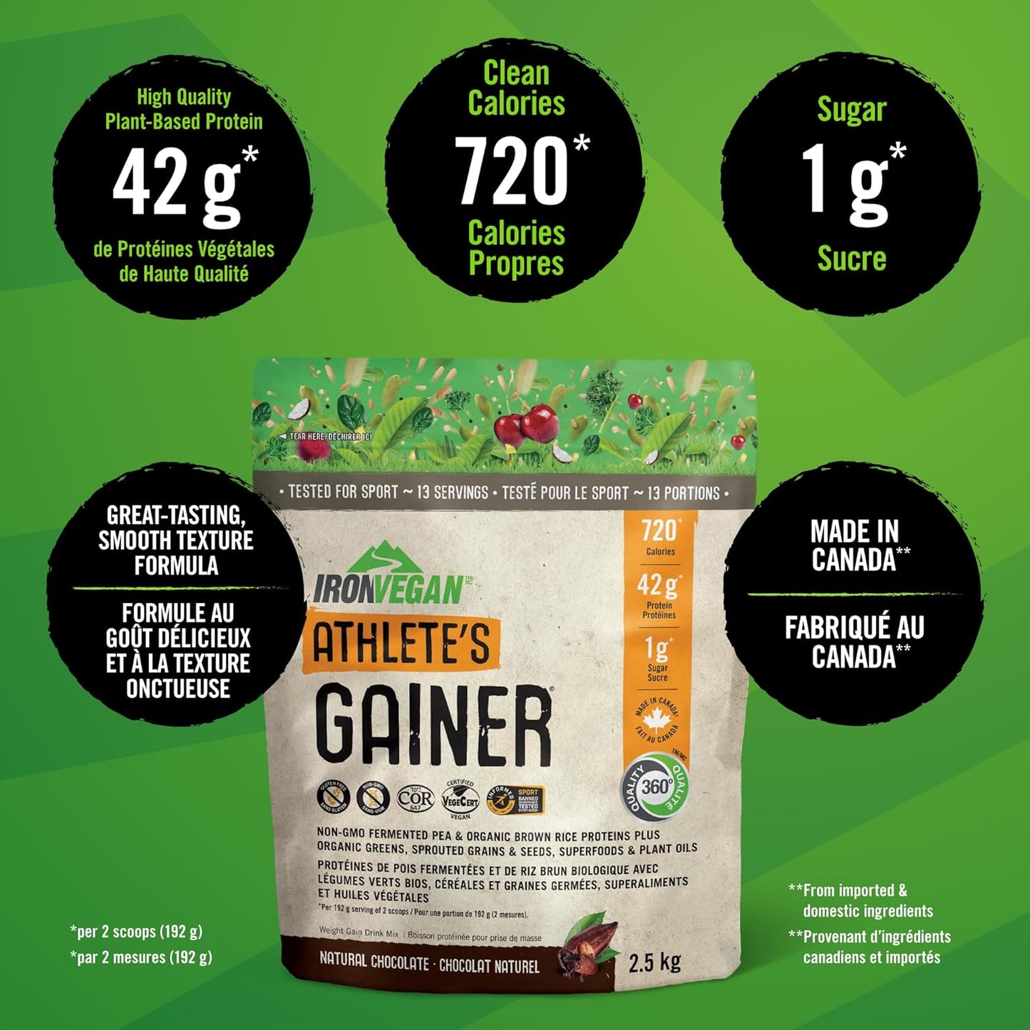 Athlete's Gainer Protein Powder, Natural Chocolate Flavour, 2.5 kg | Vegan and Non-GMO(Packaging May Vary) & Iron Vegan Sprouted Protein Bars | Double Chocolate Brownie Flavour | 12 Pack