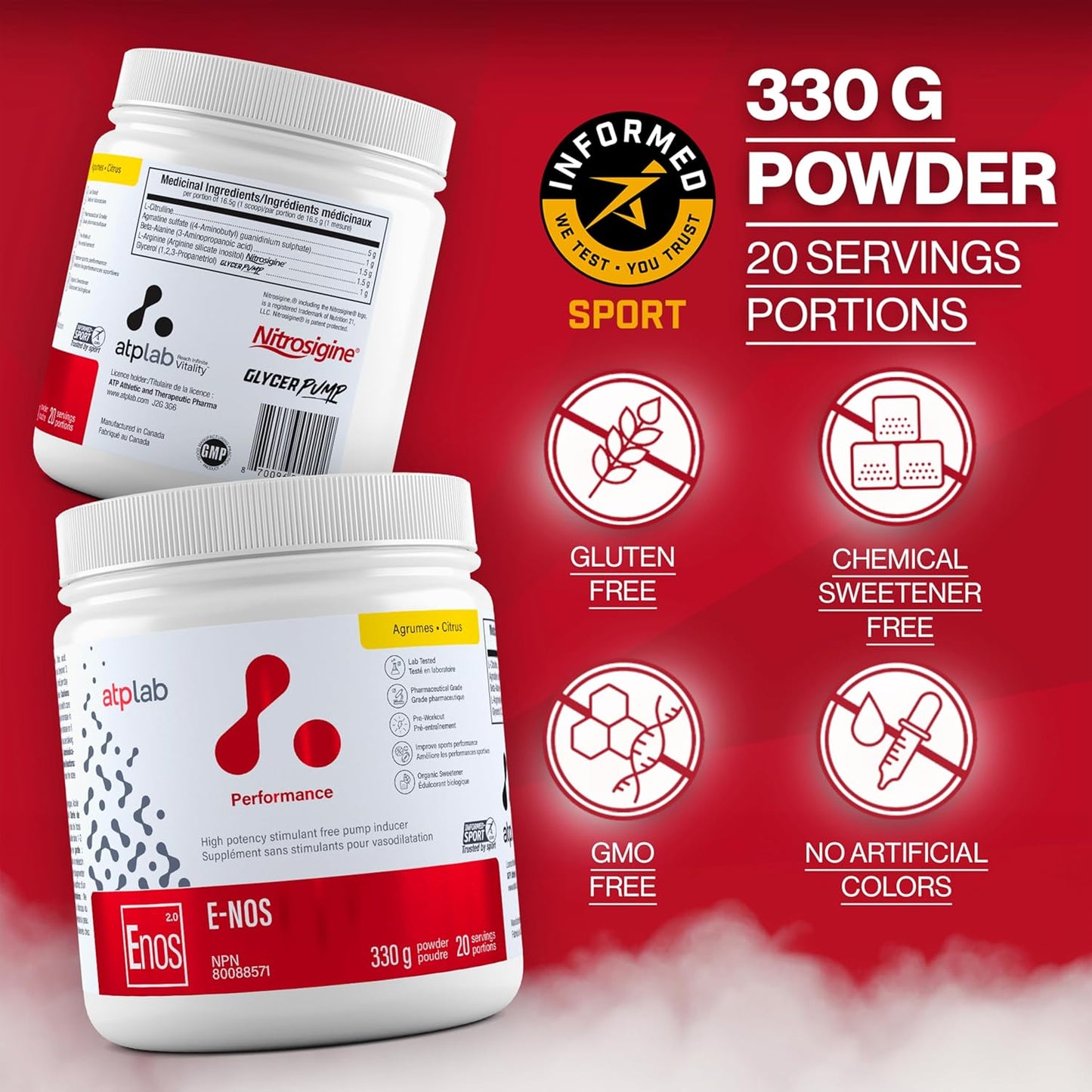 ATP LAB - E-Nos 330g Powder 20-Servings Citrus Flavour - Improve Sports Performance, Helps to Maintain and Support Cardiovascular Health - Pump Inducer and Pre Workout Powder