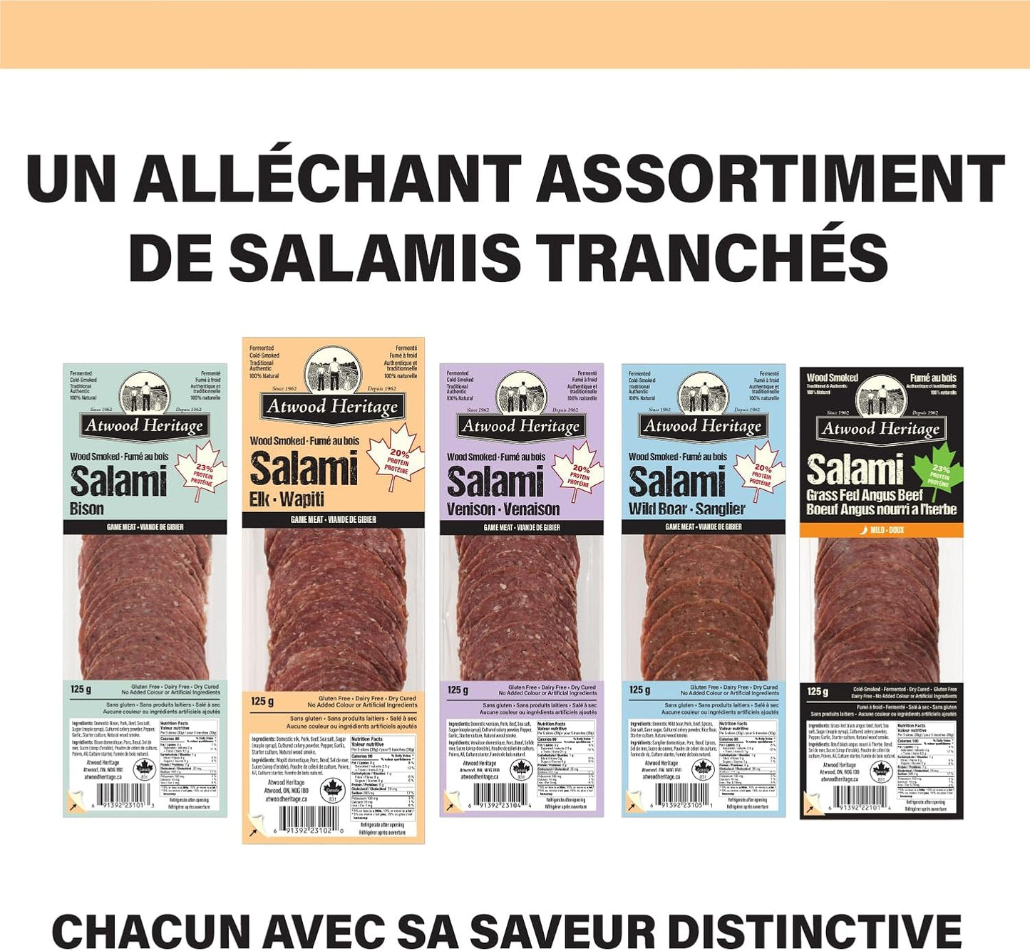 Atwood Heritage 麋鹿豬肉牛肉薩拉米香腸,125克,高蛋白,無麩質,無硝酸鹽,加拿大製造