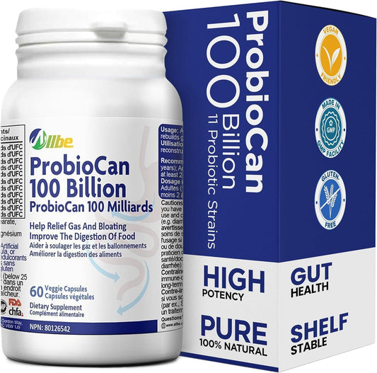 ALLBE ProbioCan 1000 亿 CFU - 含 11 种菌株的男性和女性每日益生菌 - 嗜酸乳杆菌和加氏乳杆菌 - 肠道健康和缓解腹胀 - 保质期长、纯素、非转基因 60 粒胶囊