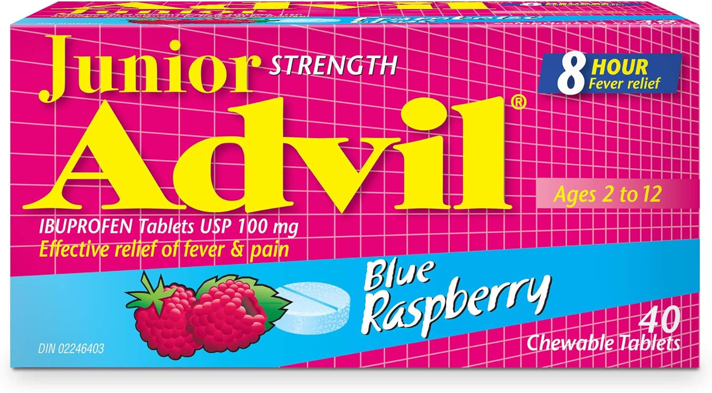 Advil Junior Strength Ibuprofen 100 mg Tablets USP Blue Raspberry 40 Chewable Tablets