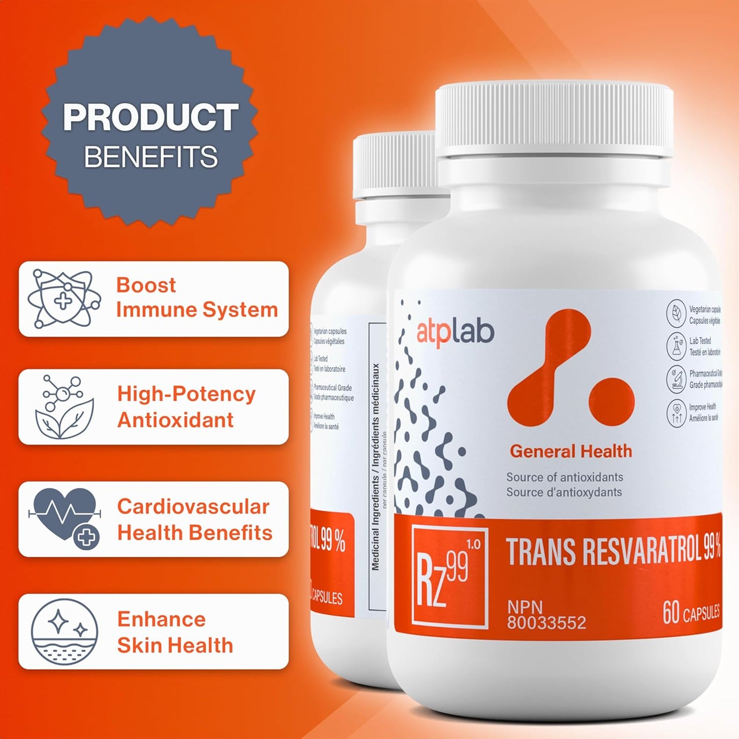 ATP LAB - 反式白藜芦醇 99% 60 粒胶囊 60 天供应量 - 抗氧化剂补充剂 - 免疫系统支持 - 反式白藜芦醇补充剂 - 焕发光彩的肌肤和免疫支持