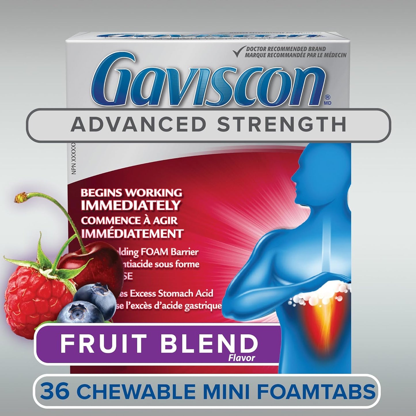 Gaviscon 强效咀嚼迷你片 - 36 片 - 发泡抗酸片,日夜缓解胃灼热、胃酸反流和胃食管反流病,水果混合 - 不含铝、乳糖和麸质
