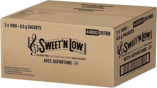 Sweet'N Low - Zero Calorie Sweetener - with Aspartame. Diabetic-Friendly, Gluten-Free, Kosher, Vegan - Perfect for Iced and Hot Coffee, Tea and Lemonade, Made in Canada - 3 x 1000 Packets