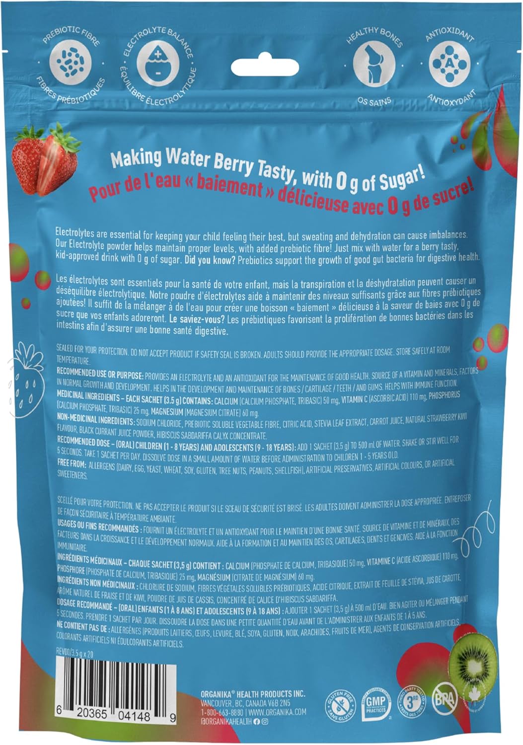 Organika 儿童电解质粉 - 草莓奇异果口味 - 随时随地无糖补水 + 100% 每日所需维生素 C、益生元和抗氧化剂 | 不含乳制品、麸质和 BPA - 3.5 克 x 20 袋