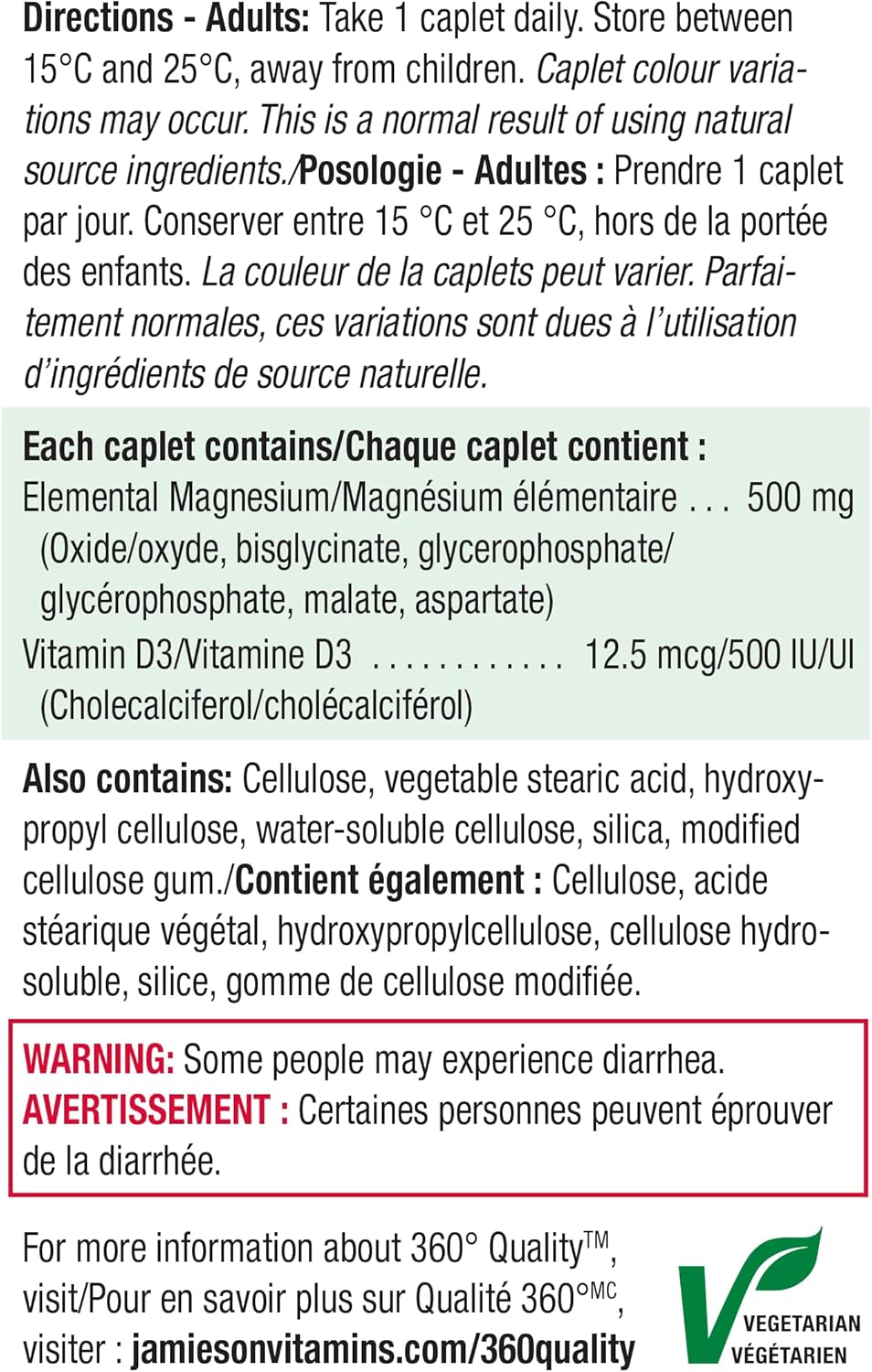 Jamieson 强效镁片 500 毫克,含 500 国际单位维生素 D3,高吸收率,5 种镁源,支持骨骼健康和肌肉功能。素食,非转基因,无麸质,60 粒胶囊,加拿大制造