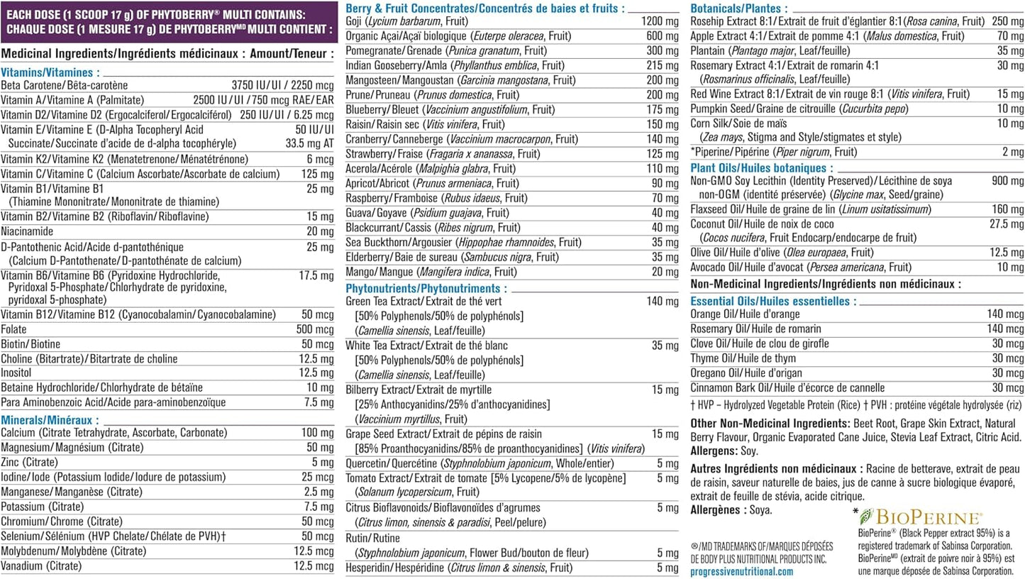 Progressive PhytoBerry Multivitamin Supplement Powder - 850 g | Antioxidant source, made with high ORAC berry and fruit concentrates, phytonutrients, antioxidants and plant oils