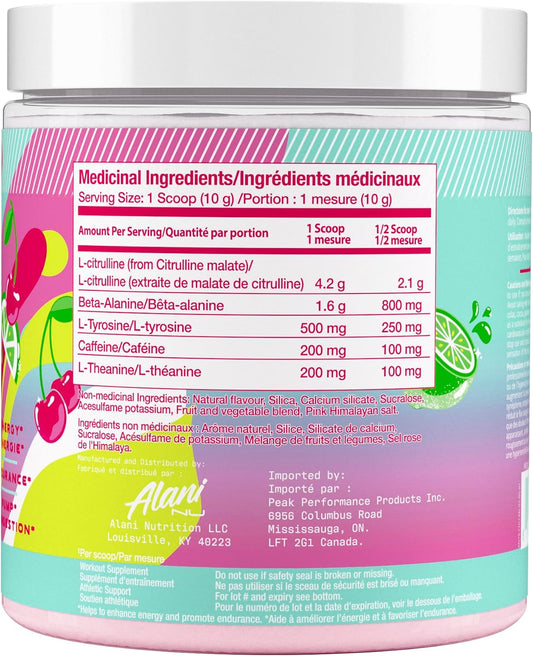 Alani Nu 运动前粉 | 氨基能量提升 | 耐力补充剂 | 无糖 | 100 毫克咖啡因 | L-茶氨酸、β-丙氨酸、瓜氨酸 | 30 份(樱桃味)