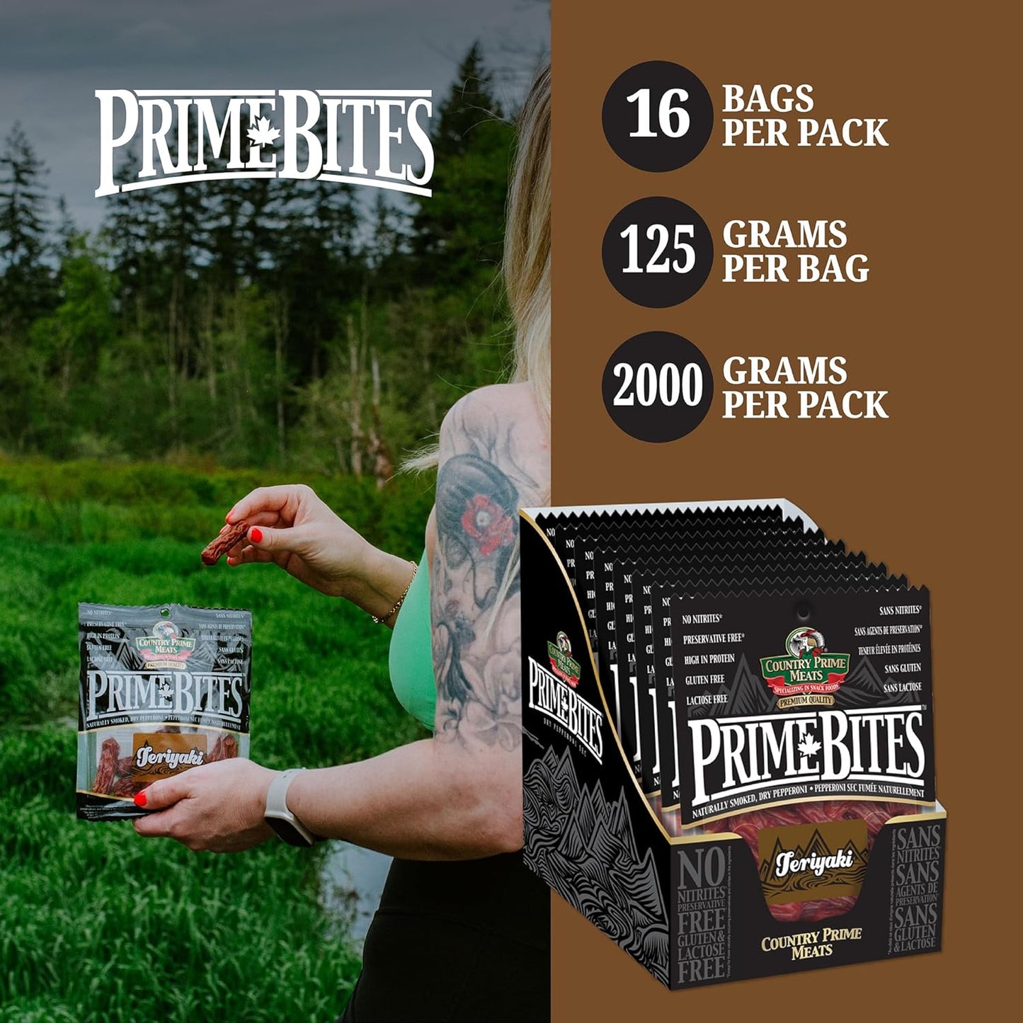 Country Prime Meats Teriyaki Prime Bites. Dry Cured Pepperoni. 100% Canadian Made. High Protein Snack. No Artificial Flavours, Naturally Smoked, No Nitrites, Gluten Free. 125g (Pack of 16)
