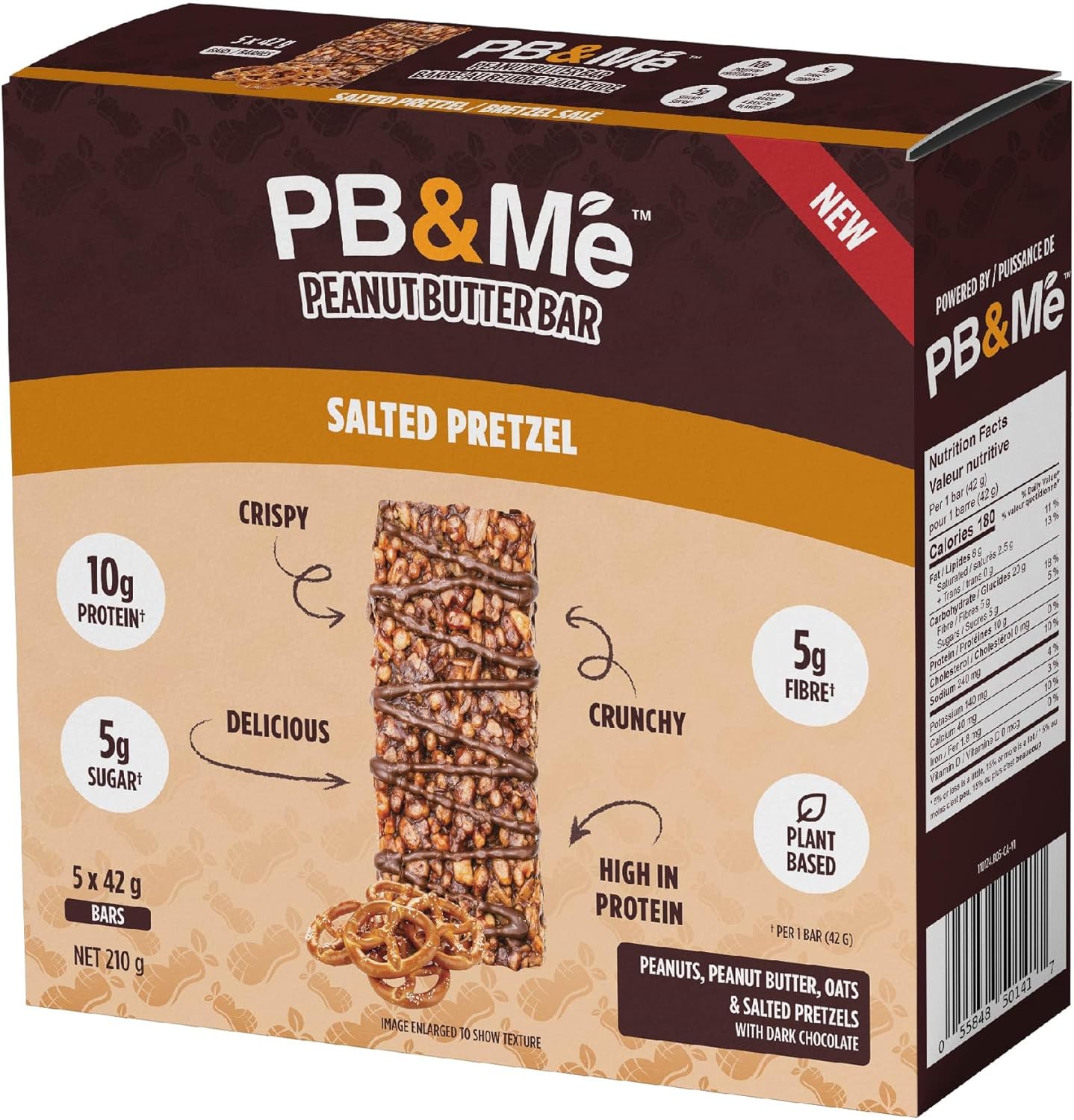 PB&Me Peanut Butter Protein Bars – Salted Pretzel, 10g Protein, Low Sugar, High Fiber, No Artificial Sweeteners or Preservatives, Meal Replacement, 5-Pack, Snack Bars for Work, Gym & Travel