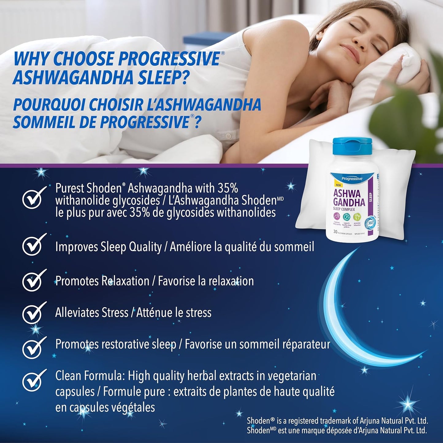 渐进式南非醉茄睡眠复合物 — 含有 Shoden® 南非醉茄、柠檬香蜂草、L-茶氨酸和西番莲,改善睡眠并减轻压力 — 30 粒素食胶囊