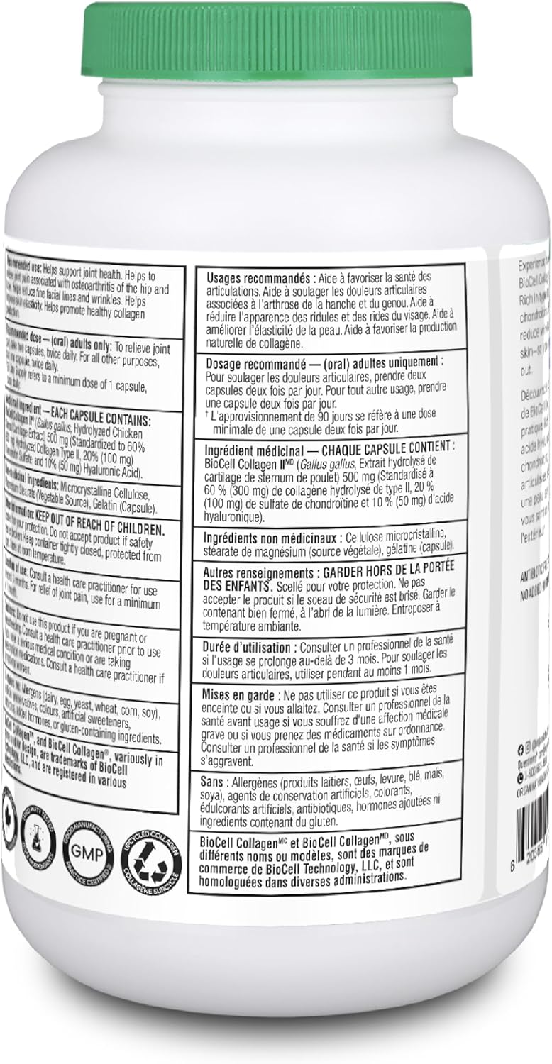 Organika Biocell Collagen- Type 2 Collagen, Hyaluronic Acid, Chondroitin Sulfate, Joint Support- 180caps