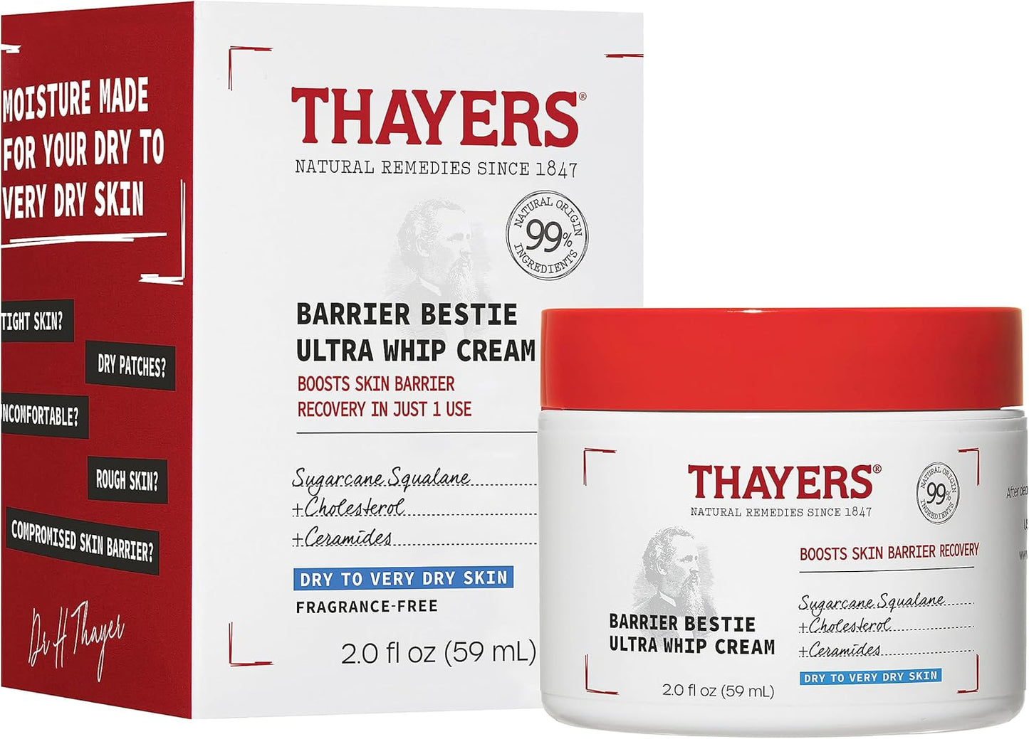 THAYERS Barrier Bestie Ultra Whip 面部保湿霜,含神经酰胺和甘蔗角鲨烷,适合干性至极干性肌肤,促进肌肤修复,59 毫升