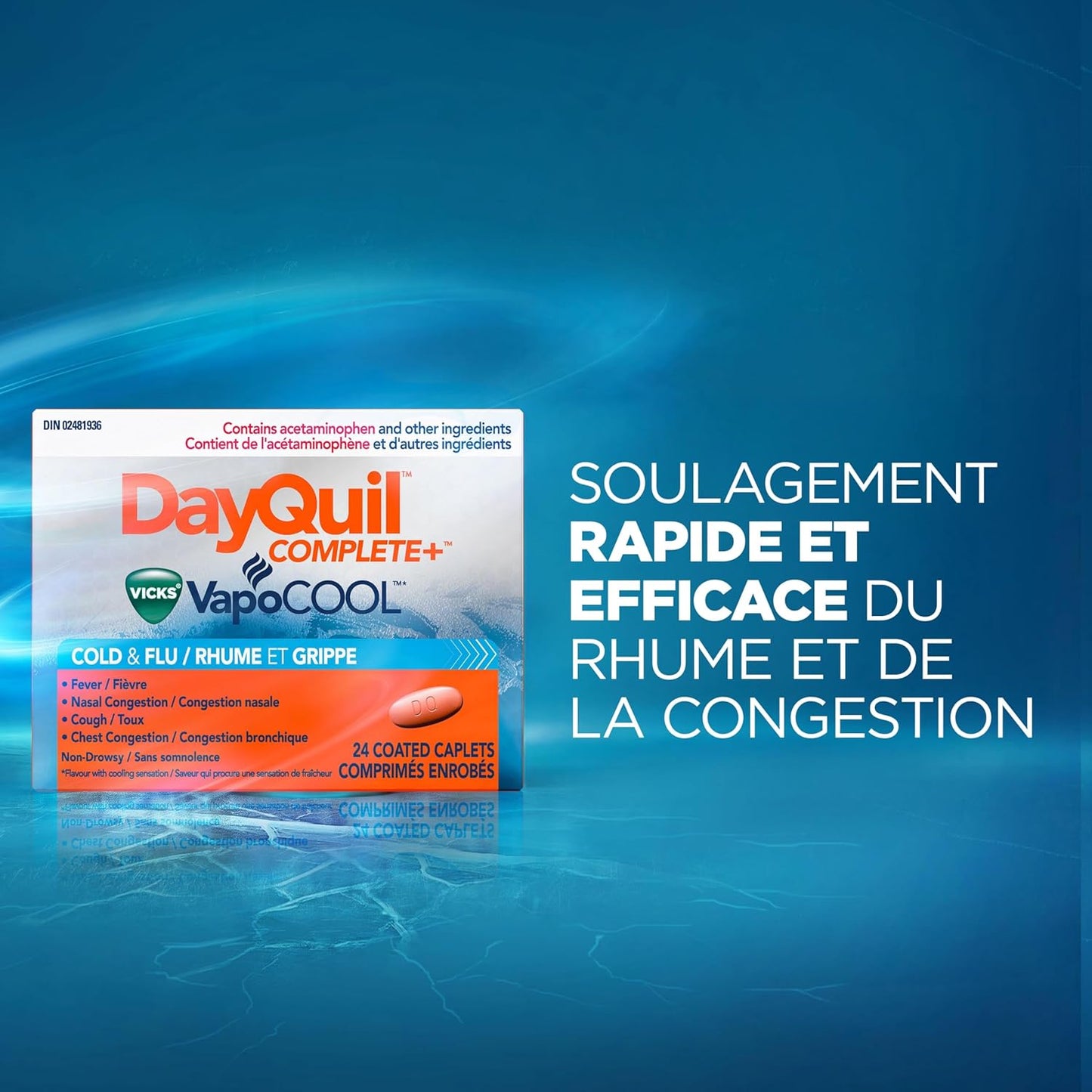 Vicks DayQuil COMPLETE Vicks VapoCOOL 感冒和流感药,不引起困倦,白天缓解多种症状,用于止咳、缓解鼻塞,24 粒胶囊