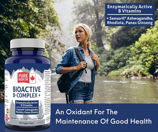 Pure North Naturals - 生物活性 B 族维生素补充剂 90 粒胶囊,30 天用量 - 酶活性 Sensoril 南非醉茄、红景天、人参 - 经第三方测试 - 加拿大配制和制造