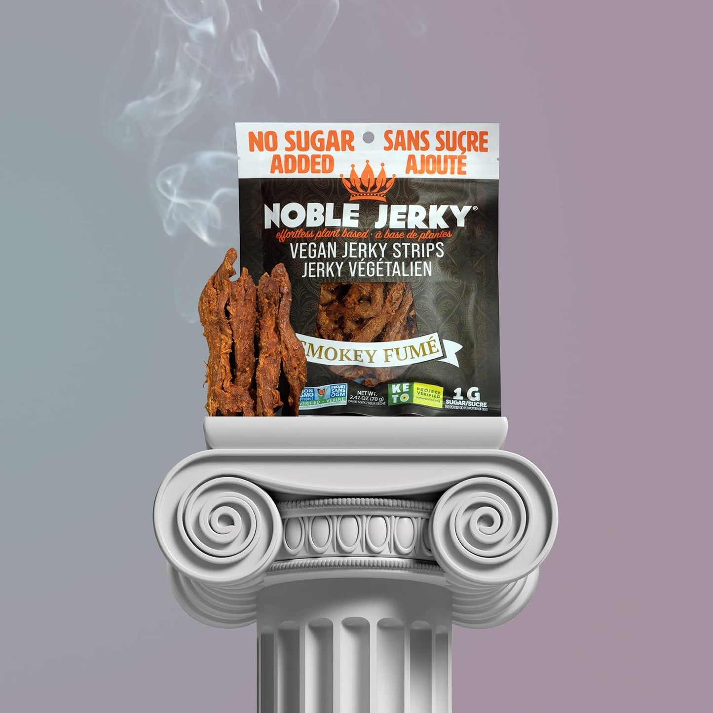 Noble Jerky – 素食肉乾零食,每袋含 14 克植物蛋白,不添加糖,煙燻味,非基因改造,無防腐劑,高蛋白零食,3 包(70 克/袋)