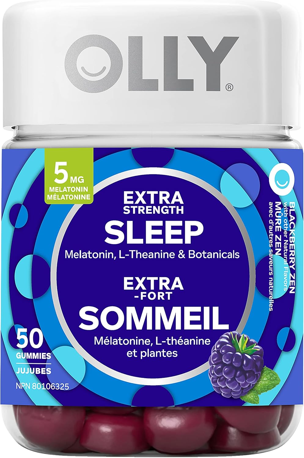 OLLY Extra Strength Sleep Gummy Supplement sleep aid Blackberry Zen blend of Melatonin, L-Theanine & Botanicals 25 day supply 50 gummies