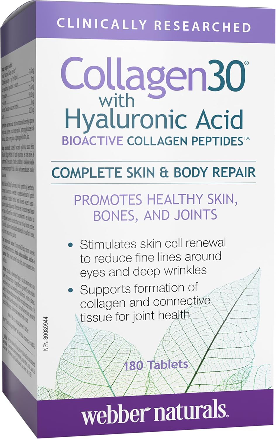 Webber Naturals Collagen30 含透明質酸、生物活性膠原蛋白勝肽,180 片,有助於減輕關節疼痛、眼部皺紋和臉部細紋