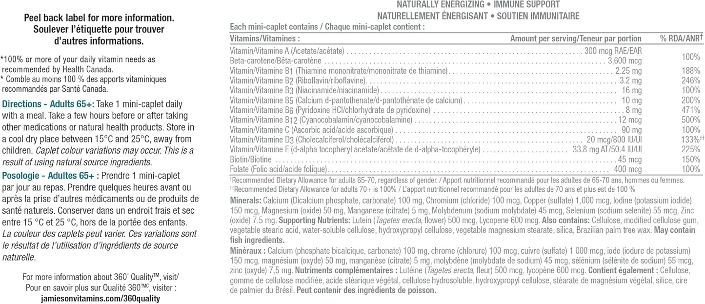 Jamieson 100% 複合維生素鉑金片,適合 65 歲以上成人,含番茄紅素、葉黃素及其他免疫支持成分。支持能量、眼部健康、骨骼健康和整體健康,無麩質,每日一片,115 粒迷你膠囊
