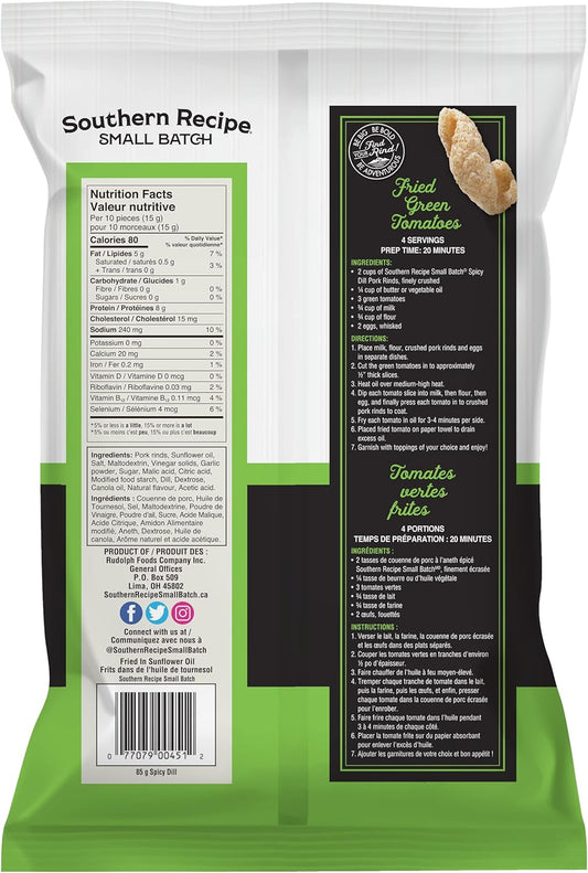 南方食谱小批量猪皮 | 辣莳萝炸猪皮 | 生酮友好、无麸质、低碳水化合物食品 | 每份含 7 克胶原蛋白 | 高蛋白 | 85 克/袋