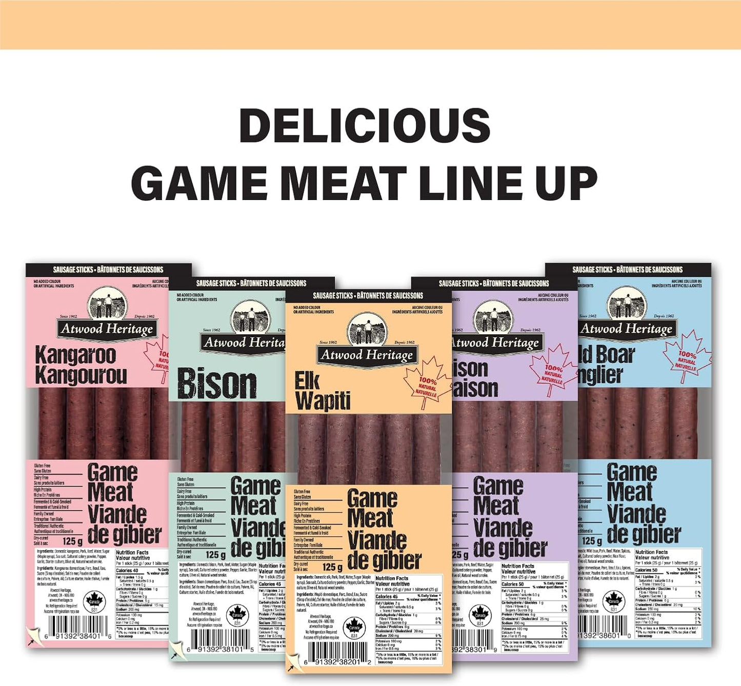 Atwood Heritage 麋鹿、豬肉和牛肉零食棒,5 根,125 克,高蛋白,無麩質,無硝酸鹽,加拿大製造