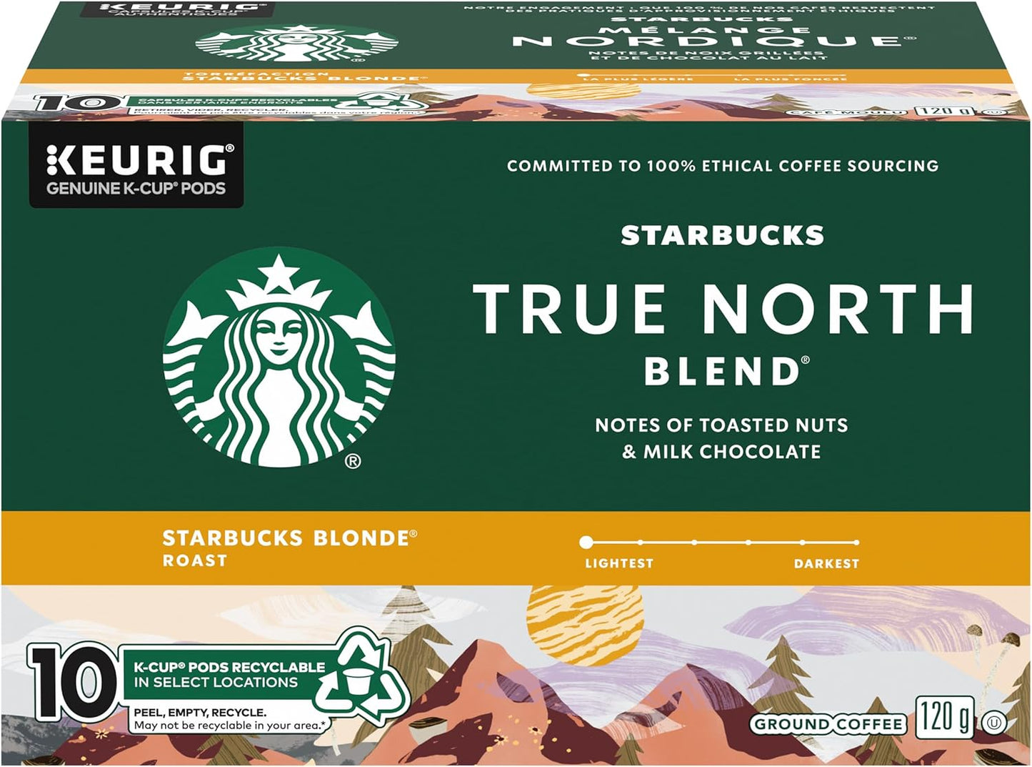 星巴克 True North 金色淺烘焙咖啡,單份 Keurig K-cup 膠囊,6 盒,60 粒膠囊和 TRUE NORTH BLEND 金色烘焙研磨咖啡 K-CUP 膠囊,10 支裝