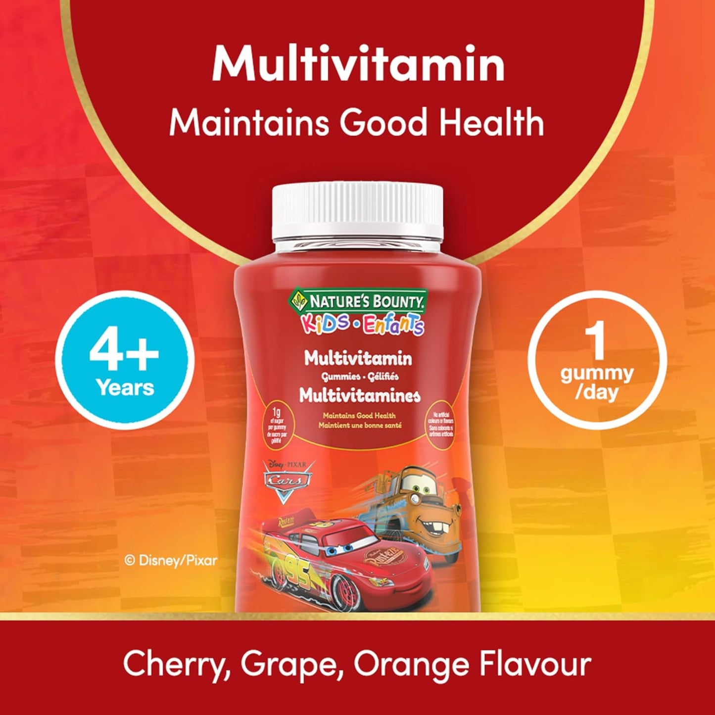 自然之宝儿童复合维生素,迪士尼皮克斯汽车,每粒软糖仅含 1 克糖,支持免疫系统、眼部健康、骨骼和牙齿,抗氧化剂来源,无麸质,水果味软糖,150 粒