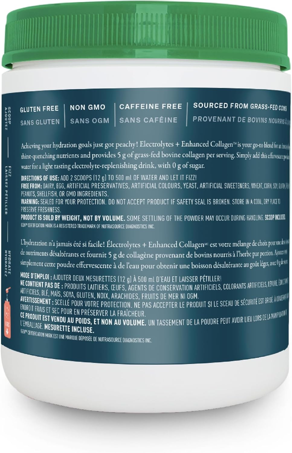 Organika Canadian-Made Electrolytes + Enhanced Collagen - Strawberry Peach Flavour - Sugar-Free Hydration | 5g Protein + 100% of Daily Vitamin C - 600g