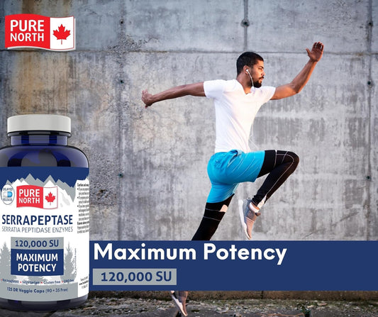Pure North Naturals - Serrapeptase Serratia Peptidase Enzymes 120000 SU Maximum Potency (90+35 Capsules) 125-Day Supply - Supports Respiratory Health - 3rd Party Tested - Formulated & Made in Canada