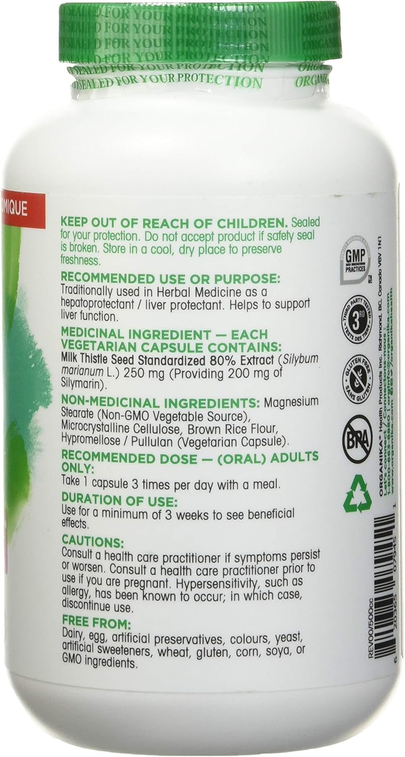 Organika Canadian-Made Milk Thistle 250 Mg Bonus Size 220 count- Liver Protectant From Silymarin Seed- 220vcaps
