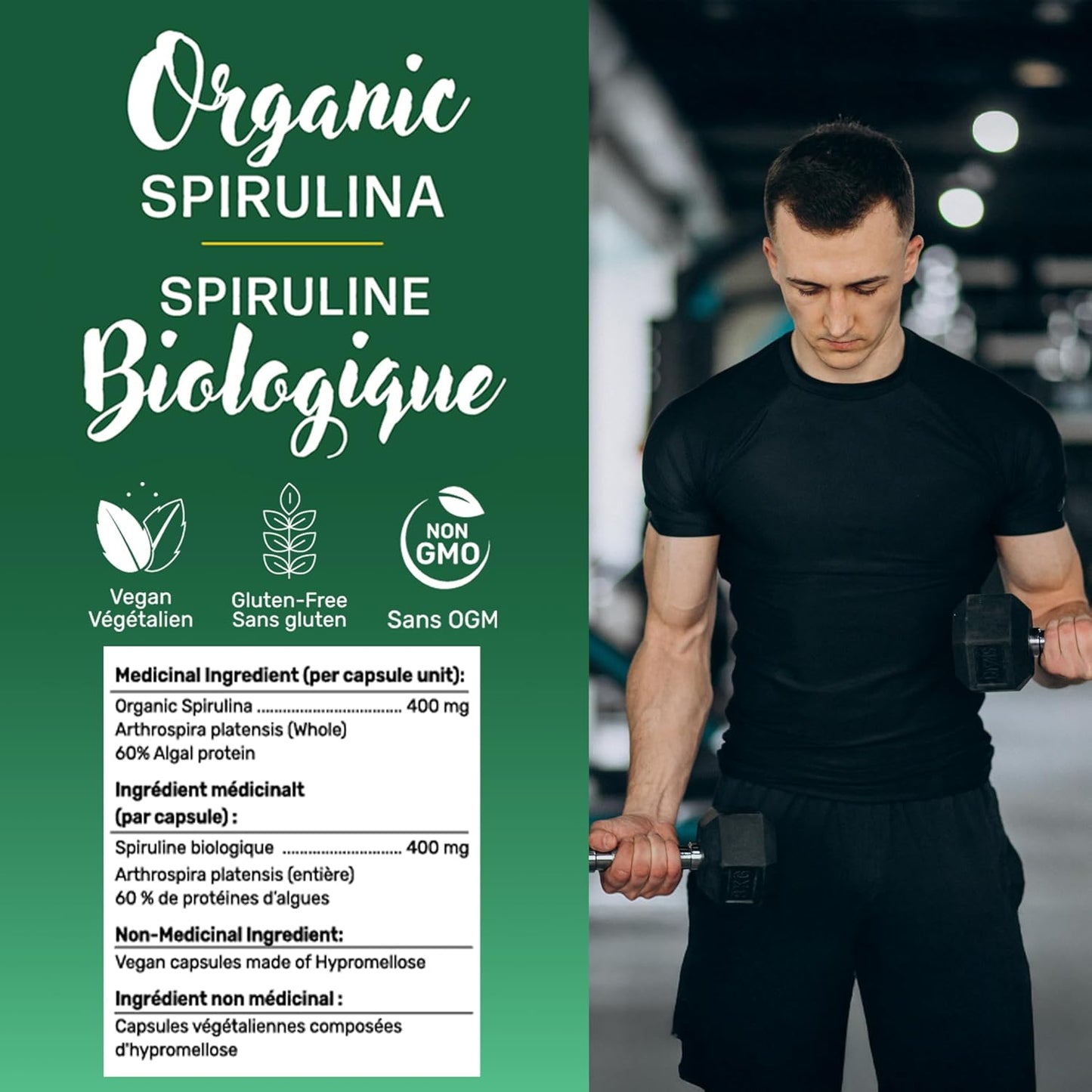 甘道夫加州純有機螺旋藻 400 毫克 200 粒素食膠囊 - 純素、非基因改造、無麩質 - 藍綠藻,富含鐵和抗氧化劑的營養豐富的超級食品,加州種植