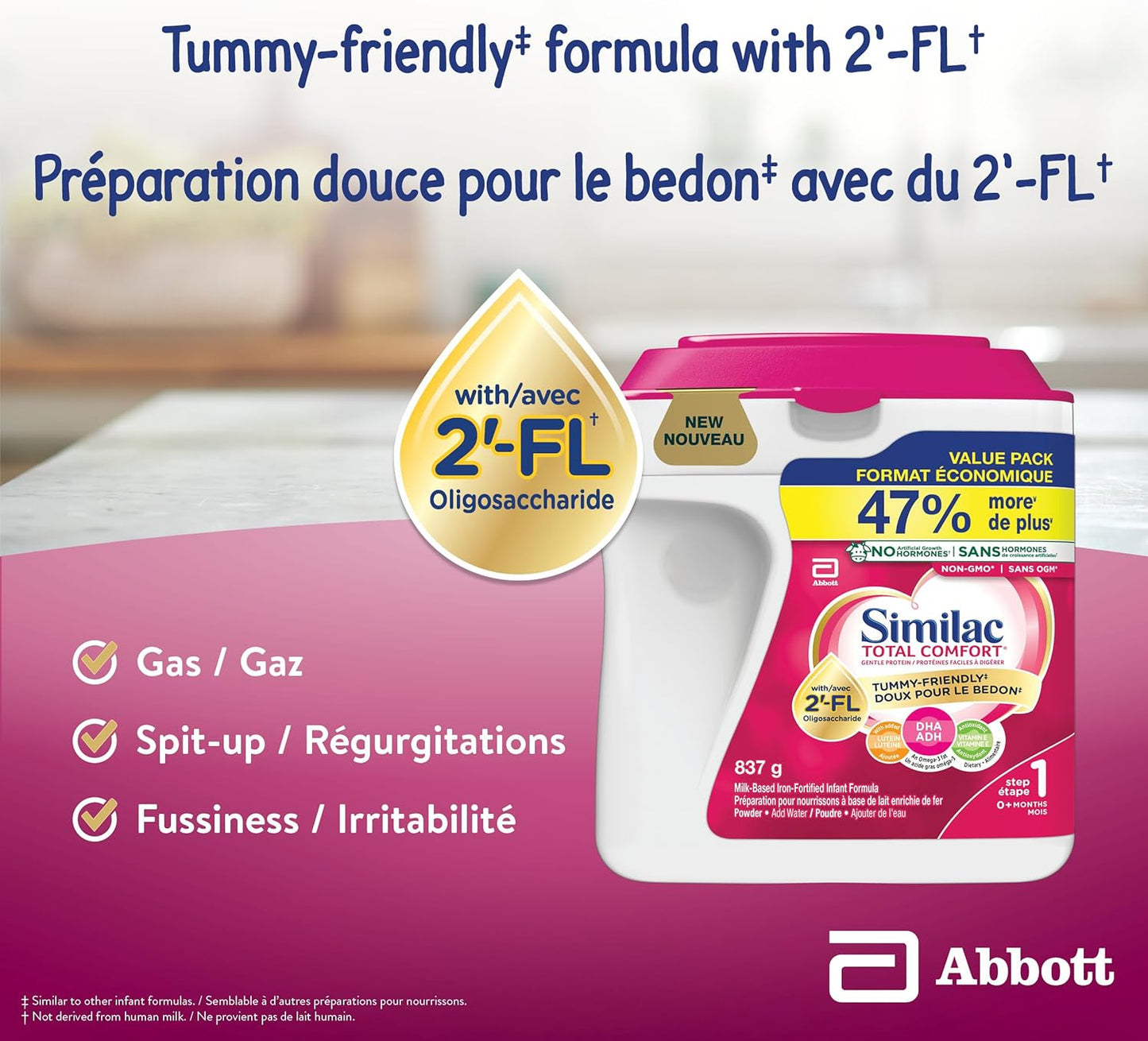 Similac Total Comfort 嬰兒配方奶粉,親膚易消化,採用母乳啟發創新配方,2 英尺液體盎司(0+ 個月),奶粉,837 克