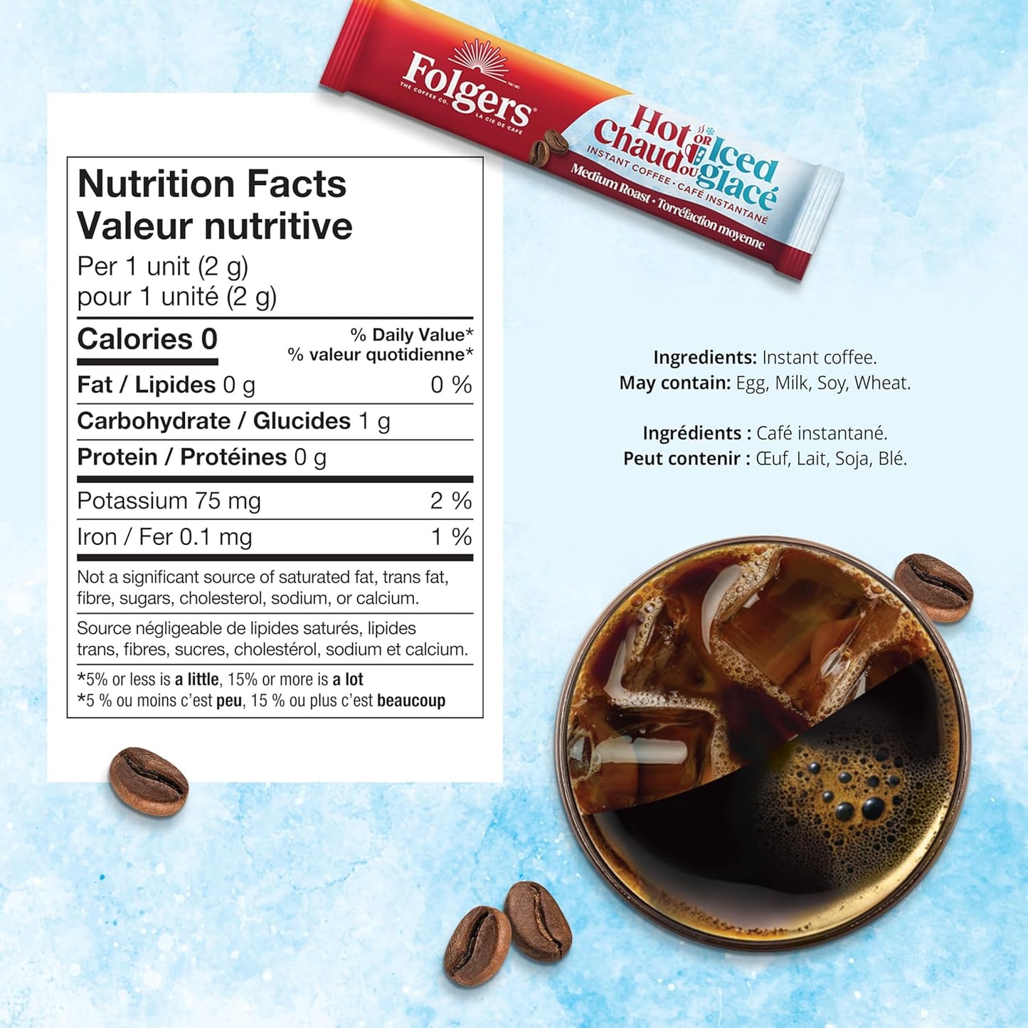 Folgers 速溶咖啡包,适用于热饮或冷饮混合饮料,速溶经典中度烘焙咖啡,7 包(12 包)