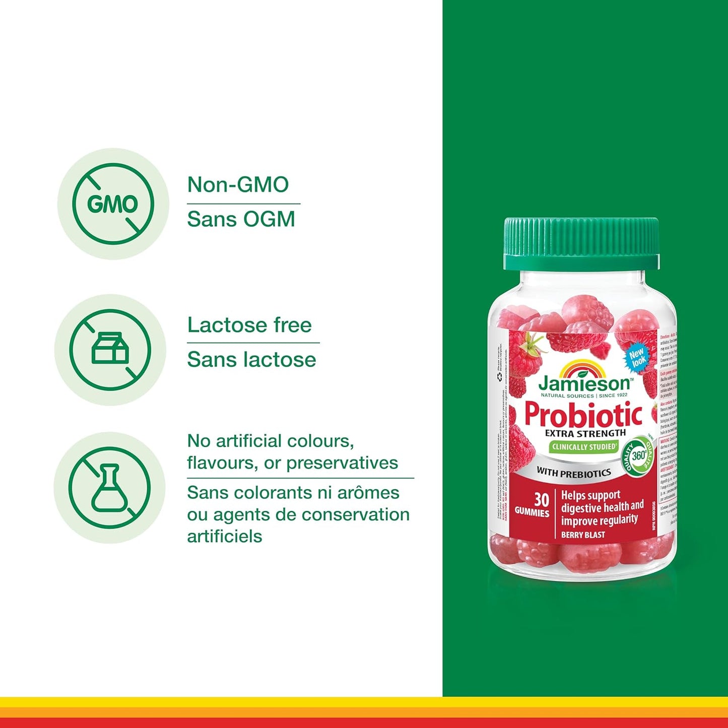 Jamieson 強效益生菌軟糖,含 50 億活性細胞,莓果味,改善消化系統健康,支持健康的微生物群,不含人工色素、香精或防腐劑,30 粒
