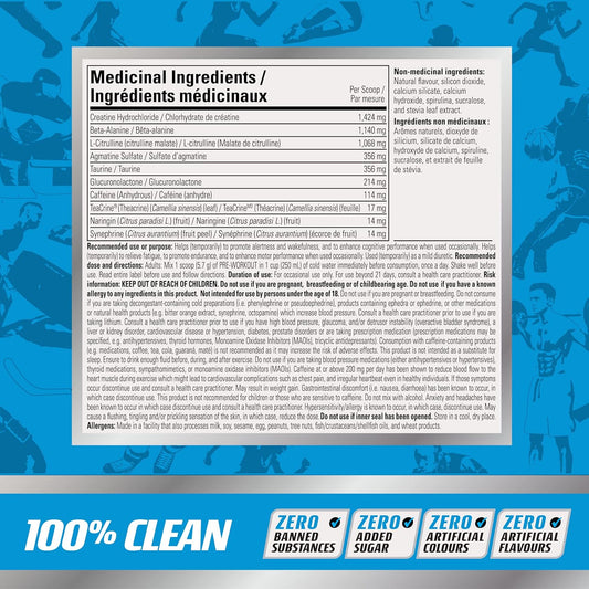 含肌酸鹽酸鹽、β-丙氨酸、L-瓜氨酸、爆發力能量和性能的鍛煉前粉,冰藍色拉茲口味,100% 純淨:不添加糖、人工色素或香精 - 170 克