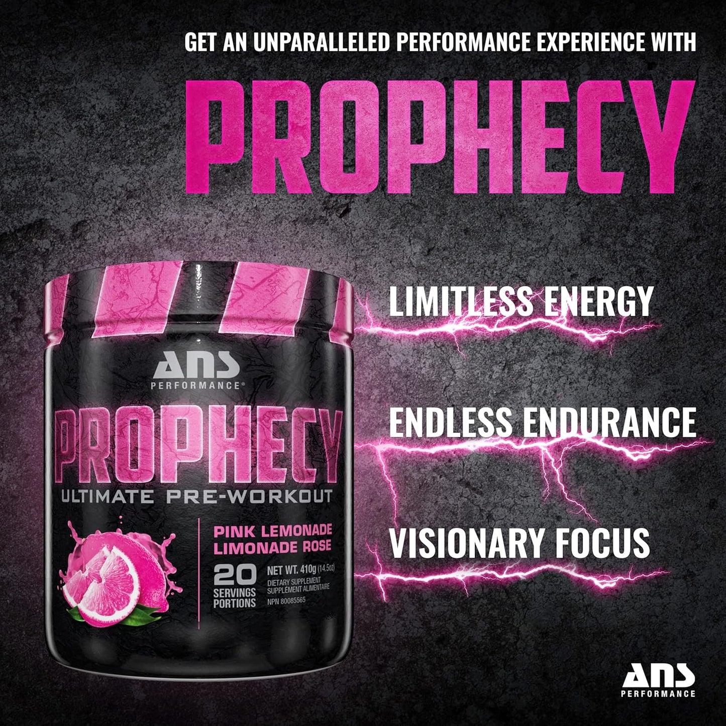 ANS Performance Prophecy 锻炼前粉(20 份,14.5 盎司)- 无麸质锻炼前配方 - 能量与力量 - 无糖 - 增加力量和锻炼量(粉红柠檬水)