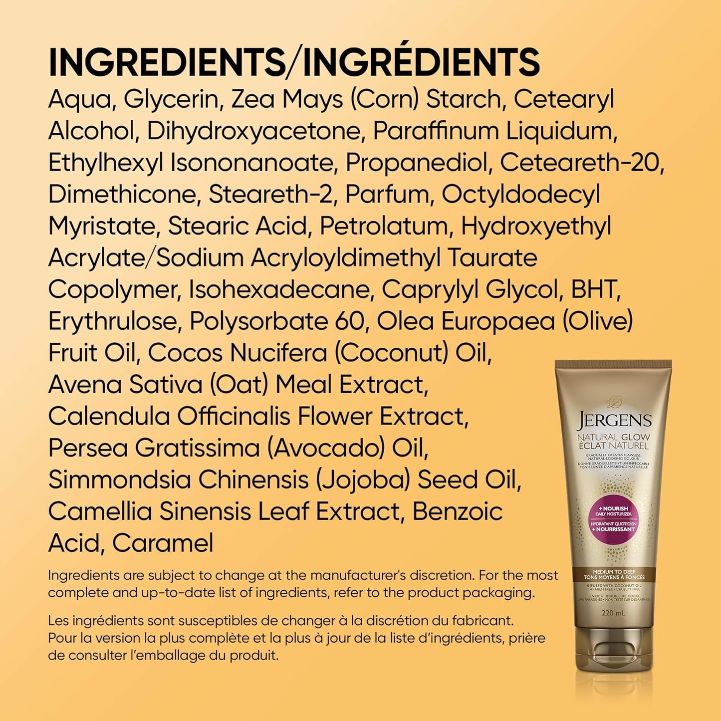 Jergens Natural Glow +Nourish Daily Moisturizer & Gradual Sunless Self Tanning Body Lotion for Dry Skin, Medium to Deep Shade (220 mL)